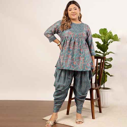 Women Plus Size Floral Printed Sequin A Line Kurti With Dhoti Pant