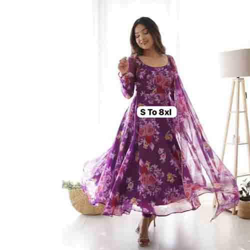 Colorful Flower Maxy Gown With Dupatta