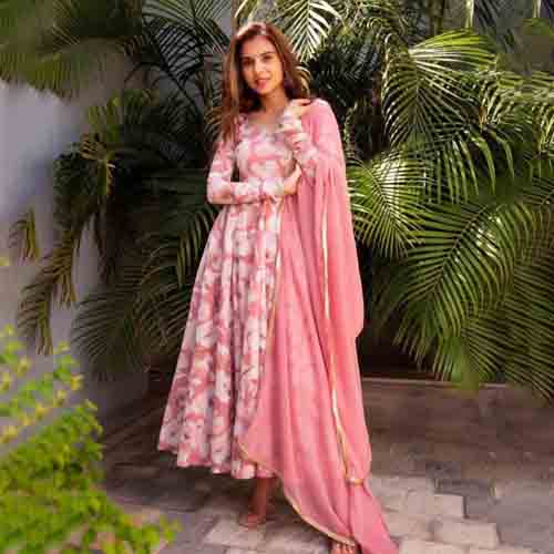 Colorful Flower Printed Maxy Gown With Dupatta