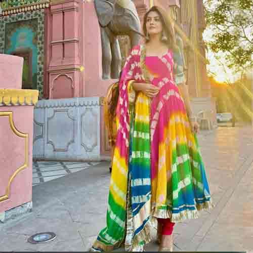 New Multiple Colorful Leheriya Print Maxi Gown With Dupatta