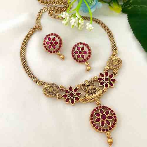 Ruby stone Temple choker with earrings-Swarna