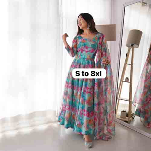 Colorful Flower Maxy Gown With Dupatta